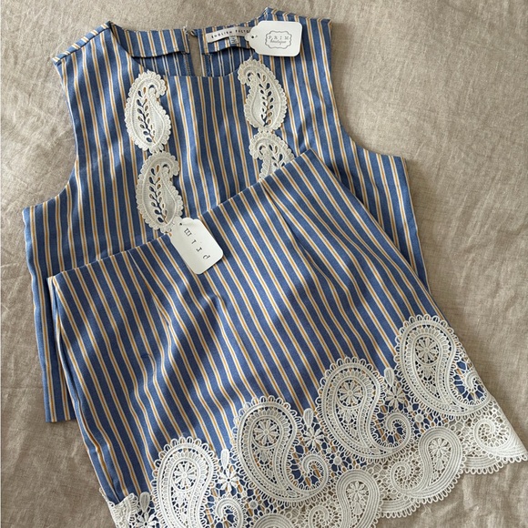 English Factory Dresses & Skirts - English Factory Blue & Yellow Striped Lace-Trim Tank Top